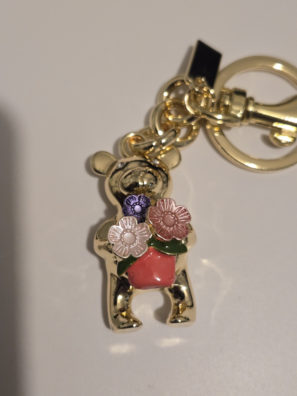 Gold Bear Keychain with Pink & Purple Flower Accent